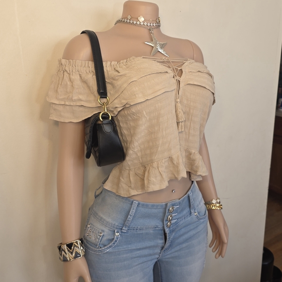 ☆Express Beige Off-Shoulder Ruffle Blouse☆ - Picture 2 of 3